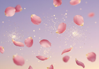 Delicate pink rose petals gently falling against a soft, gradient purple and gold sky, creating a serene and romantic atmosphere.
