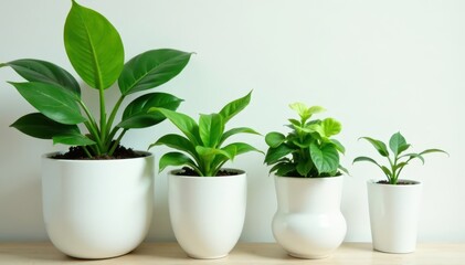 Obraz premium Jade, pothos, snake plant, & ficus in white pot, white, nature