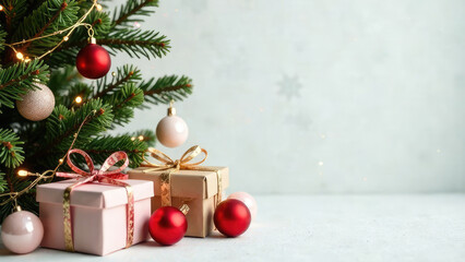 Christmas tree decorated with balls, gift boxes, garland lights in pink red and gold colors on white background. New year card with empty place for text. Gift certificate mockup design