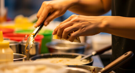 Close-up on a street food chef's hands skillfully preparing a crepe or snack with tongs at a bustling night market