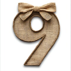 Number Nine Decorated with Burlap Texture and Tied with a Burlap Bow Against White Background