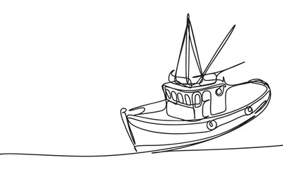 Continuous Line Drawing of a Fishing Boat on Water