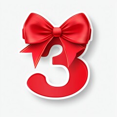 Shiny Red Number Three Decorated With Elegant Satin Ribbon Bow Isolated On White Background