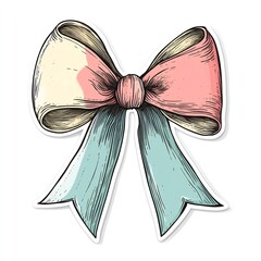 Vintage Style Bow with Pink Yellow and Blue Ribbons on White Background
