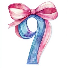 Watercolor Number Nine Decorated With Pink and Blue Ribbon Bow White Background Celebration