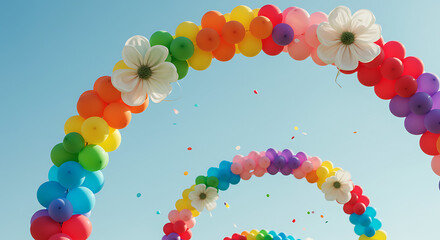 Festive rainbow balloon arches decorated with large white flowers against a bright blue sky during an outdoor celebration.