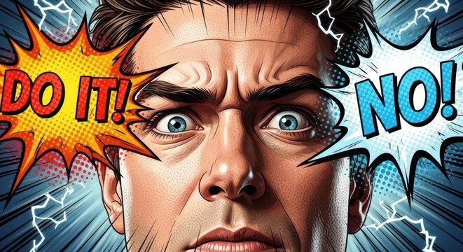 Stressed Man Head Shot Comic Art Internal Conflict Struggle Angel Devil Decision