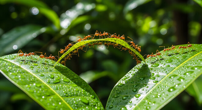 Several ants linking together to form bridge between leaves