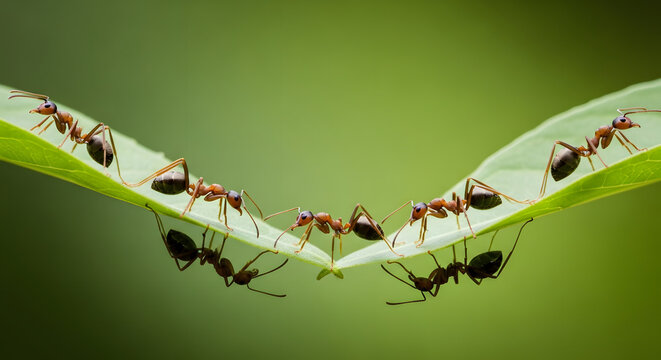 Several ants linking together to form bridge between leaves