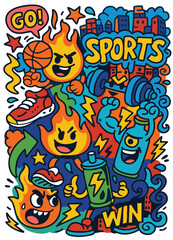 Sports cartoon fire basketball sneaker dumbbell spray city energetic win