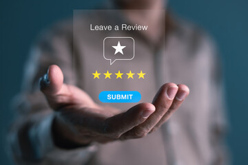 Hand holding virtual review interface with five-star rating and submit button symbolizing digital feedback, online rating system, and customer experience concept