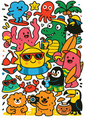 Naklejka premium Cartoon summer beach fun character, sun, animal, surfing, ice cream, tropical, happy