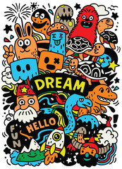 Dream fun hello cartoon doodle colorful animal dinosaur mushroom rocket playful