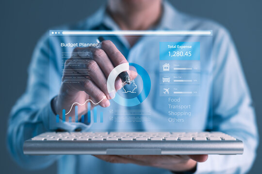 Businessman interacting with digital budget planner interface displaying expense data, pie chart, spending analytics, and financial planning tools for fintech use