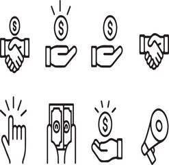 Business transaction icons showing handshake money exchange investment and megaphone communication symbols vector