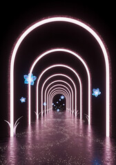 A surreal glowing tunnel with illuminated arches and floating flowers.