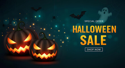 "Halloween Sale" special offer banner, evil glowing carved jack-o-lantern pumpkins, ghosts, bats - spooky Halloween retail promotion, discount, advertisement, marketing, festive holiday celebration