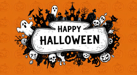 Vector illustration of "Happy Halloween" greeting text, retro style, hand-drawn doodle collage, spooky icons : jack-o-lantern pumpkins, ghosts, skulls, black cats, haunted house - party invitation