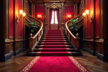 Obraz premium Grand staircase, plush red carpet, opulent hall, carpet, stairs