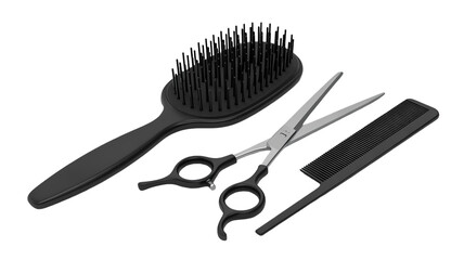 Hairdressing tools including comb, scissors and hairbrush isolated on transparent background