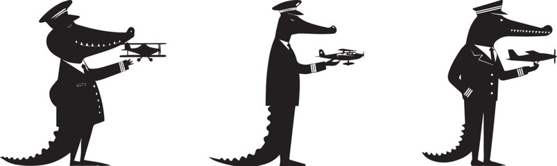 A playful black silhouette illustration of crocodile airline pilots holding small airplanes, creative cartoon vector for aviation themes, travel posters, flight school mascots, and aviation humor desi © Hina