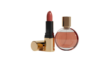 Lipstick and perfume bottle isolated on transparent background for beauty concept