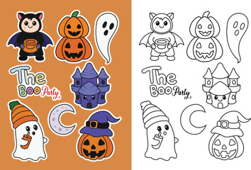 happy Halloween Party stickers. with witch,punpkin,castle,thebooparty,pumpkin,half moon, ghost,