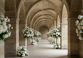 Elegant corridor adorned with white floral arrangements, creating a visually stunning and symmetrical display.