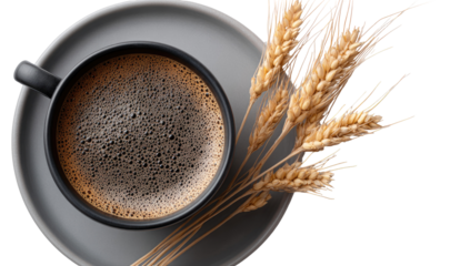 Dark coffee in a mug, wheat sprigs