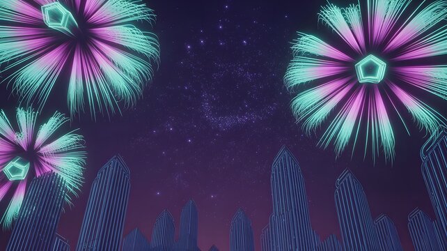 Vibrant fireworks explode over a dark forest silhouette