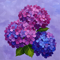 Painting of three hydrangea flower heads in shades of purple and blue.