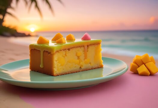 Delicious slice of mango cake on a plate at the beach during sunset