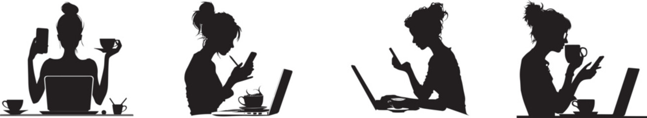 Silhouette of woman working on laptop and using smartphone while drinking coffee — concept of remote work, online communication, freelance lifestyle, digital marketing, and modern business woman.