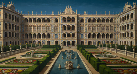Magnificent palace with ornate facade, symmetrical design, and formal gardens under a clear blue sky.