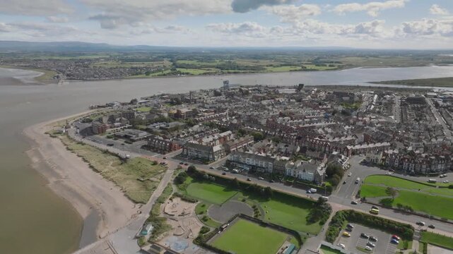River Wyre Mouth With Towns Of Fleetwood And Knott End Visible Including Beaches And Bowling Greens. Fleetwood, Lancashire, UK.