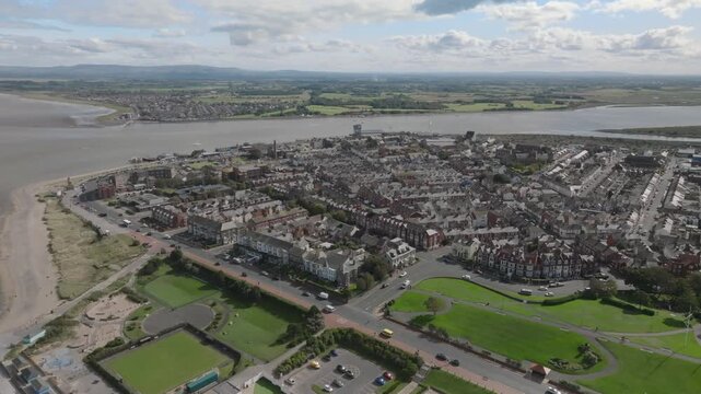 River Wyre Mouth With Fleetwood And Knott End Including Beaches And Moving Traffic. Seaside Urban Landscape. Lancashire, UK.