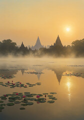 Misty morning sunrise over ancient pagodas reflected in a tranquil lake with water lilies.