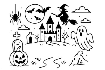 Drawing of a witch flying on a broomstick. The witch is surrounded by a castle and a graveyard
