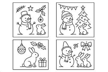 Fototapeta premium Picture of a snowman and a rabbit. The snowman is wearing a hat and scarf