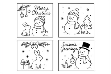 Set of four Christmas cards featuring a snowman and a rabbit. The snowman is holding a carrot and the rabbit is holding a gift