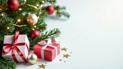 Christmas tree decorated with balls, gift boxes, garland lights in pink red and gold colors on white background. New year card with empty place for text. Gift certificate mockup design