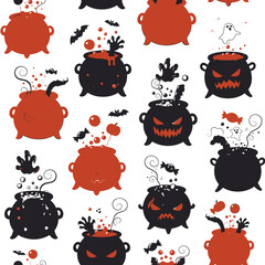 Seamless halloween cauldrons with spooky elements pattern vector