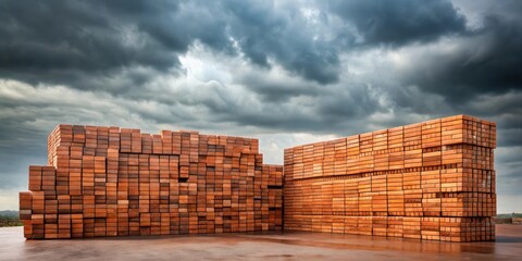 Fototapeta premium Awaiting Stormy Weather Stacks of Rectangular Clay Bricks on a Flat Surface