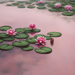 Serene pink water lilies float gracefully on a calm, misty pond, reflecting the soft, rosy hues of the sky.
