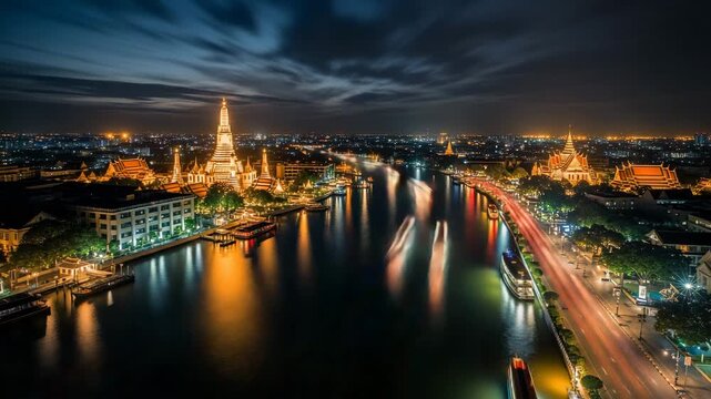 Bangkok cityscape at night with the chao phraya river and wat arun temple illuminated, showcasing vibrant city lights and boat trails time lapse animation video