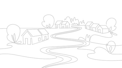 Obraz premium A simple line drawing of a rural landscape with houses trees and a winding path in black and white silhouette