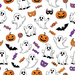 Naklejka premium Spooky halloween ghosts pumpkins and candy seamless pattern vector