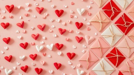 Red and white paper hearts with love letters on pastel background symbolizing romance affection and joy