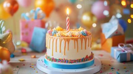 Colorful birthday cake with one candle surrounded by gifts and balloons symbolizing joy and celebration