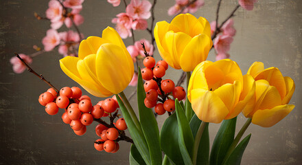 A beautiful spring bouquet of yellow tulips, orange berries, and pink cherry blossoms against a textured background.